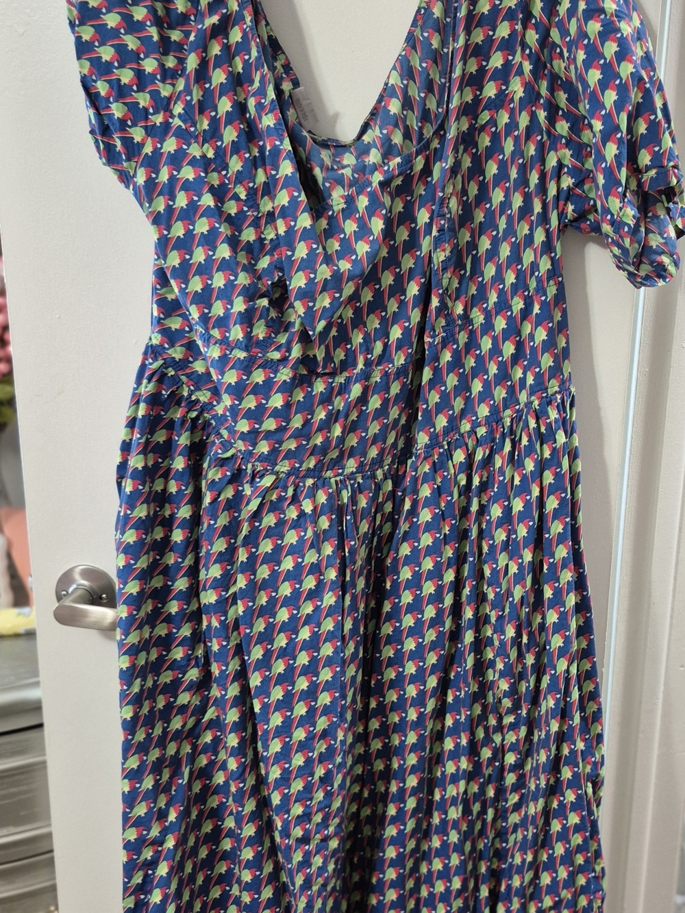 eshakti Navy Dress with Pink and Green Parrot Motif